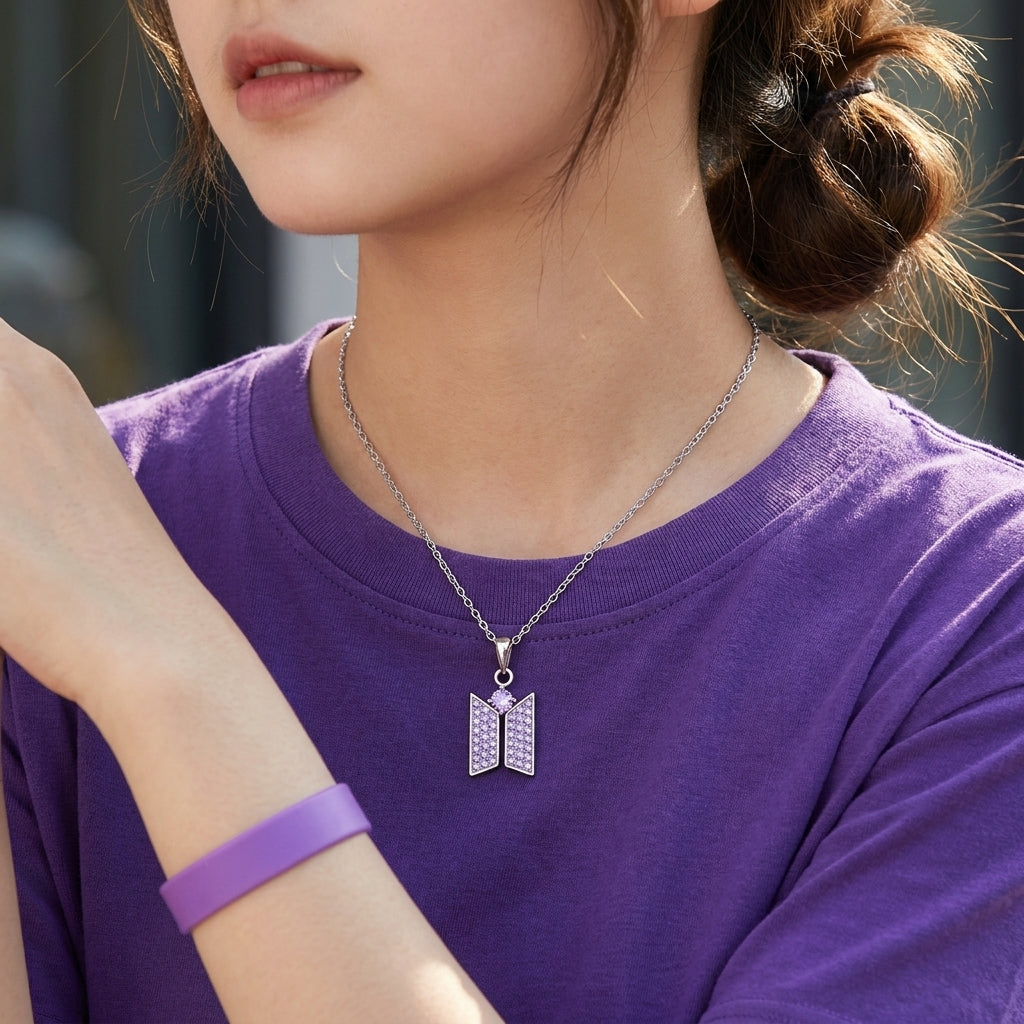 Kpop Purple CZ Logo Pendant Necklace