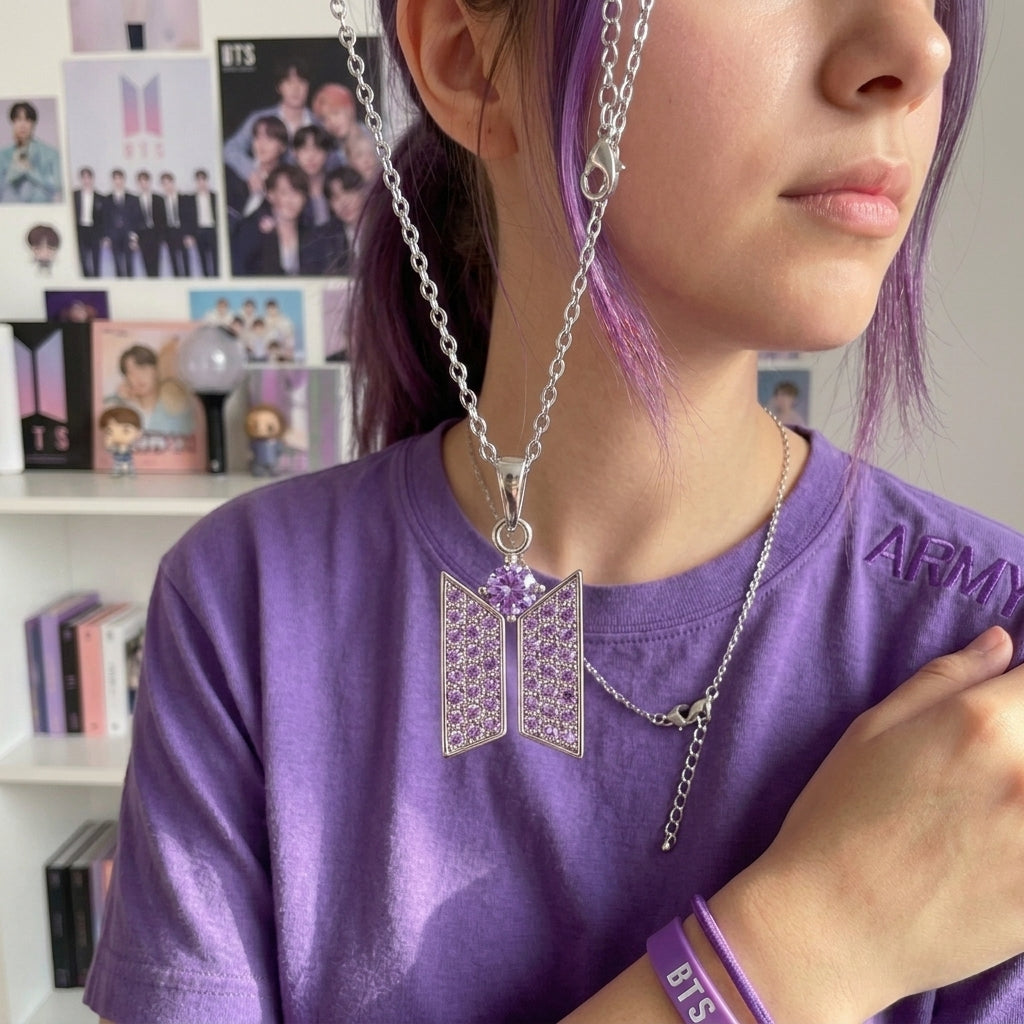 Kpop Purple CZ Logo Pendant Necklace