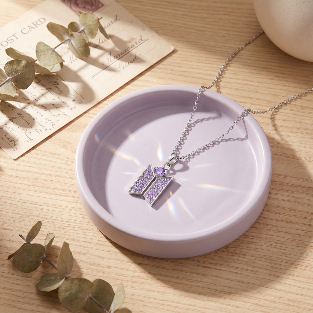 Kpop Purple CZ Logo Pendant Necklace