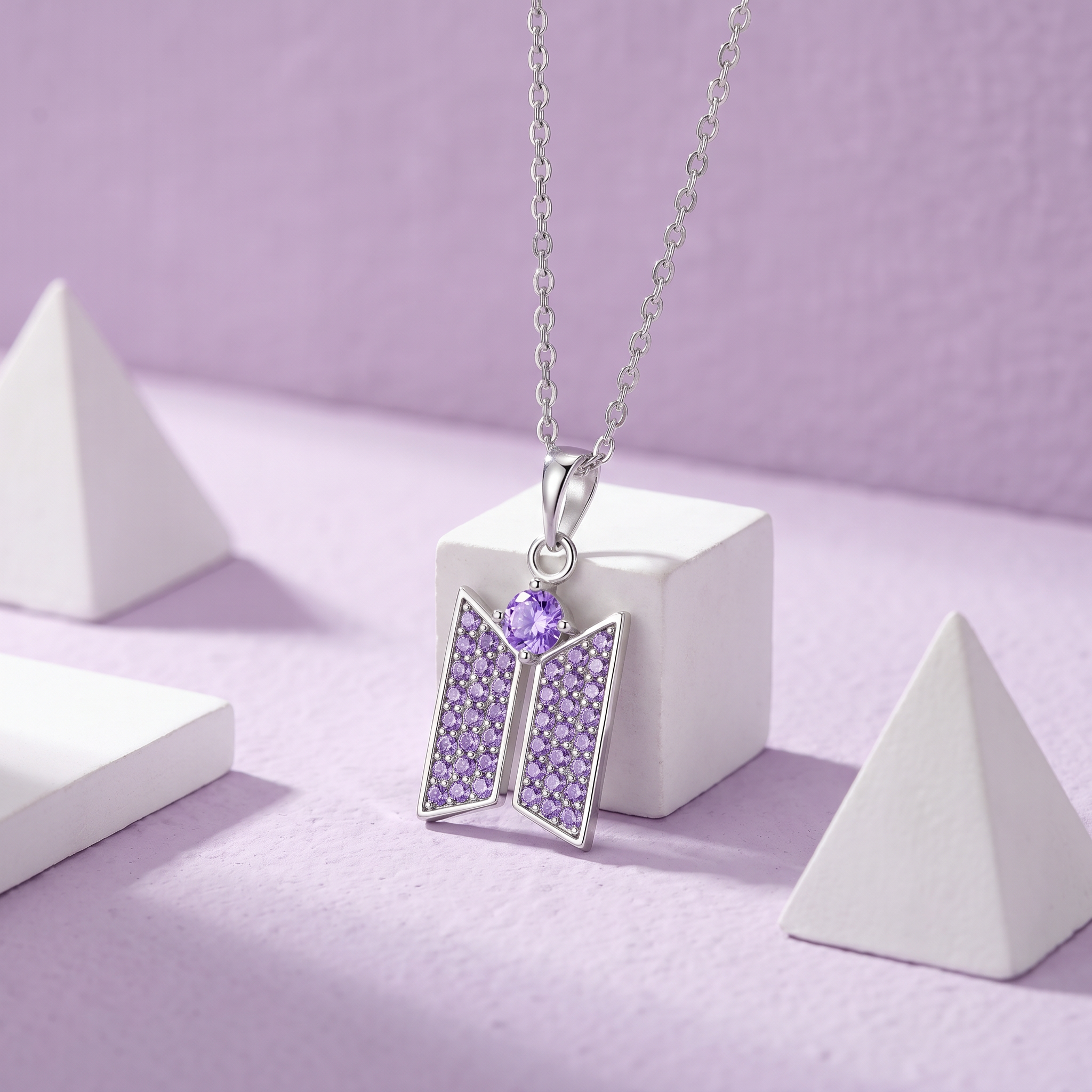 Kpop Purple CZ Logo Pendant Necklace