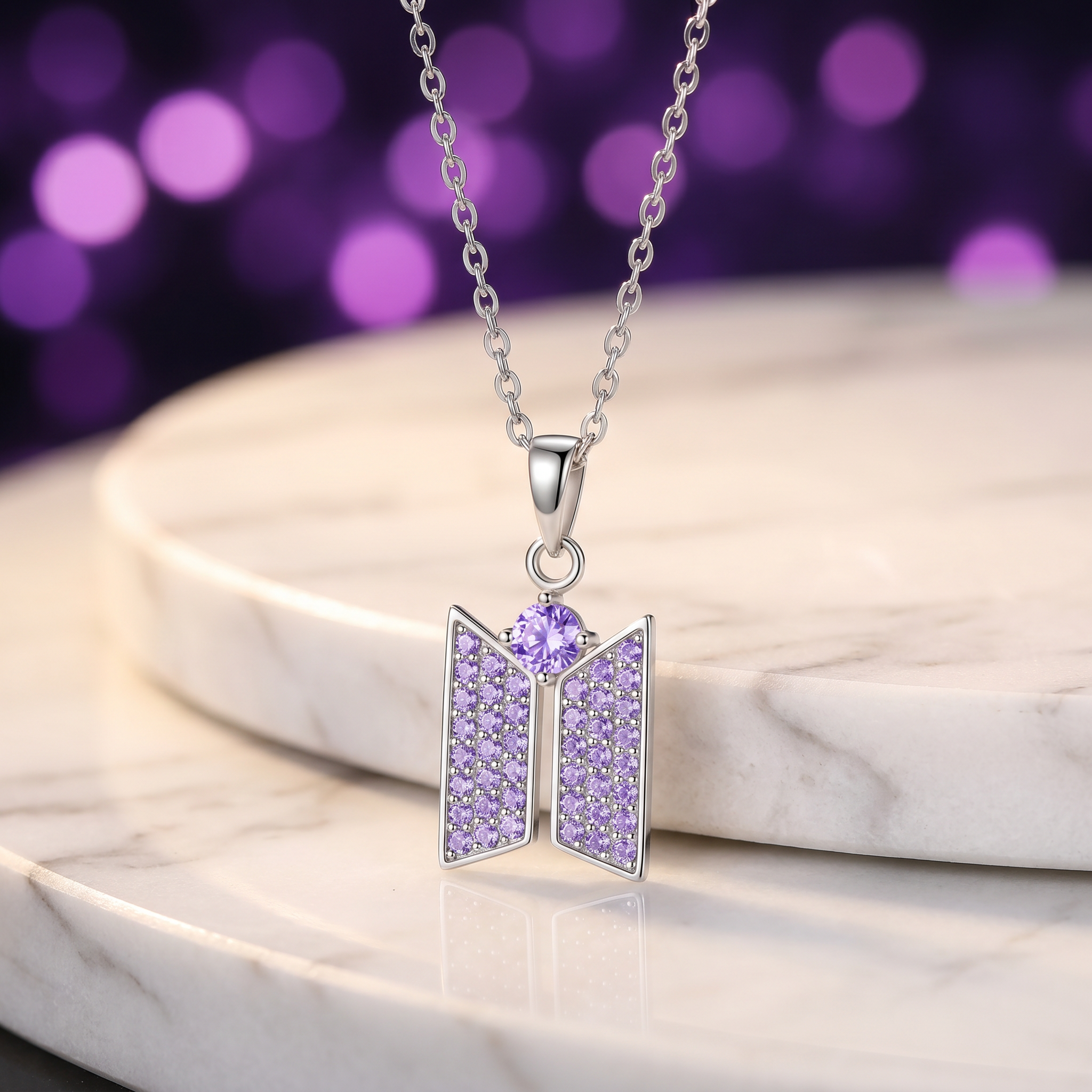 Kpop Purple CZ Logo Pendant Necklace